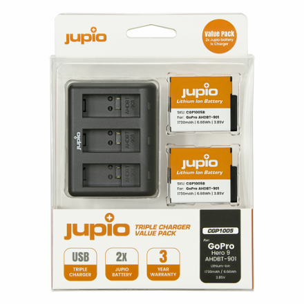 Jupio Value Pack: 2x Battery GoPro HERO9 | HERO10 | AHDBT-901 1730mAh + Compact USB Triple Charger